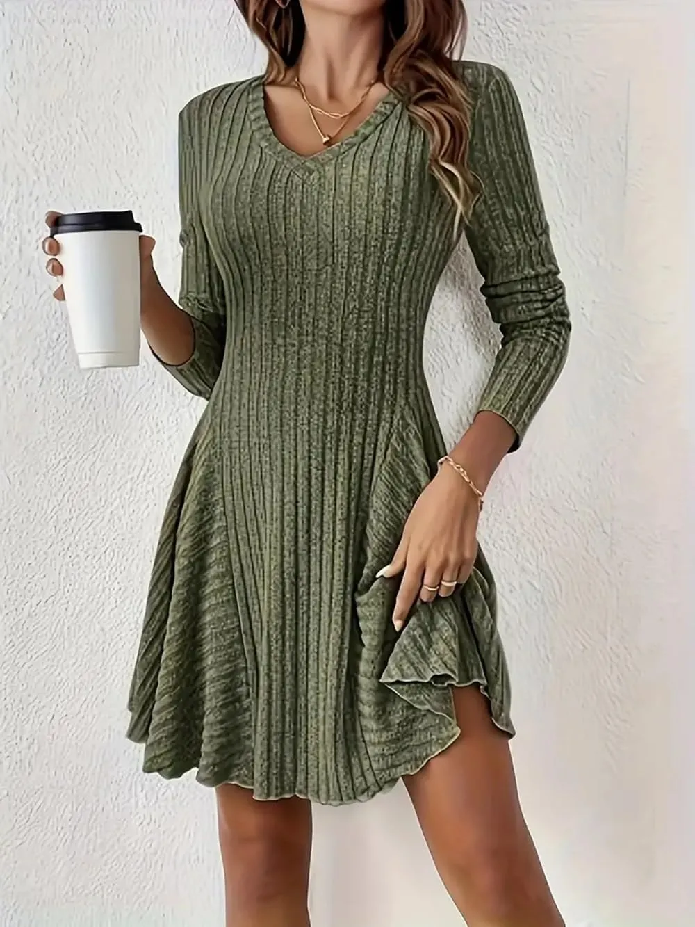 Women's Sweater A-line Dress V-Neck Knitted Ribbed Short Dress Long Sleeve Textured Dress Fall Winter Casual Work Dress