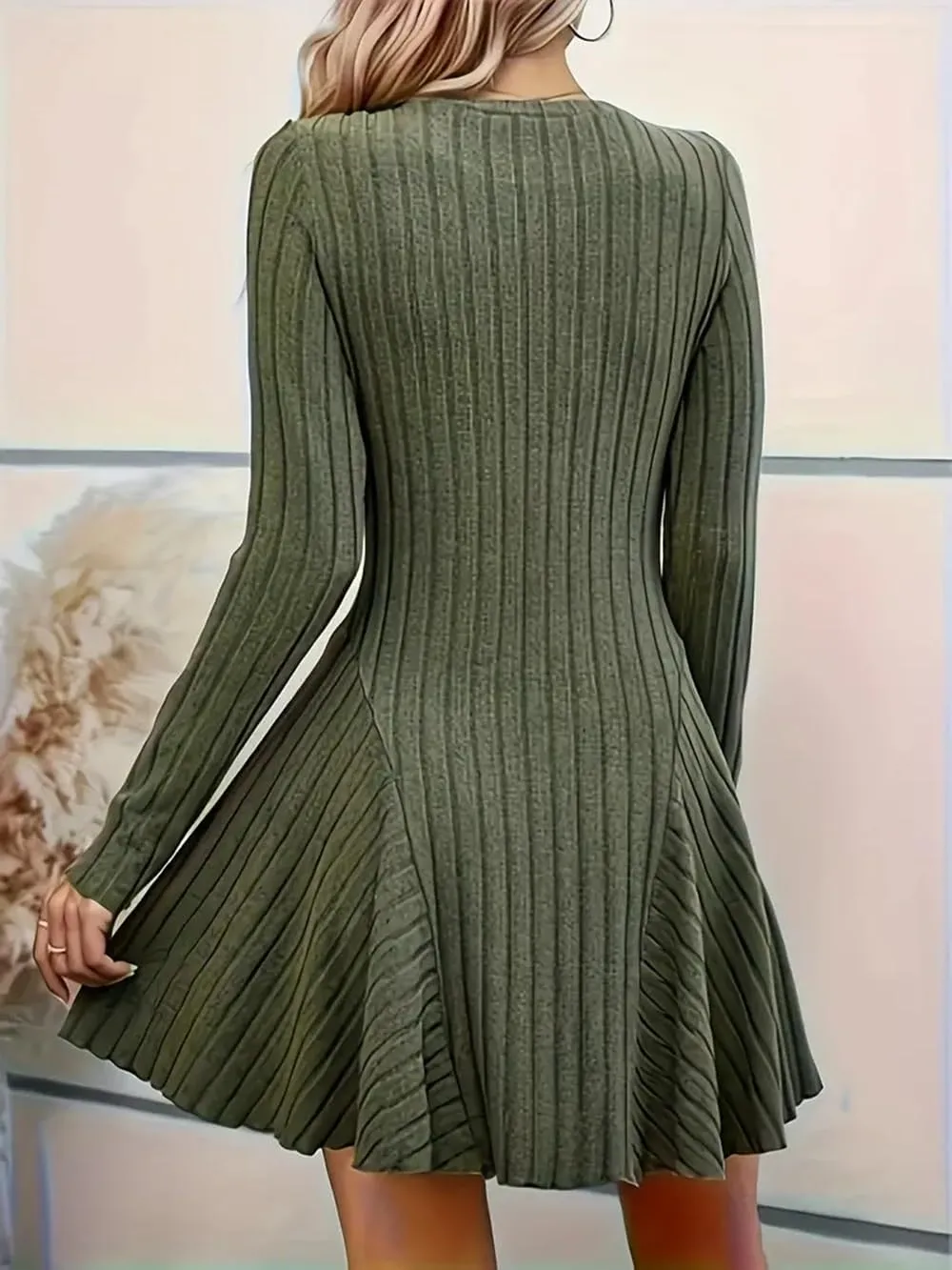 Women's Sweater A-line Dress V-Neck Knitted Ribbed Short Dress Long Sleeve Textured Dress Fall Winter Casual Work Dress
