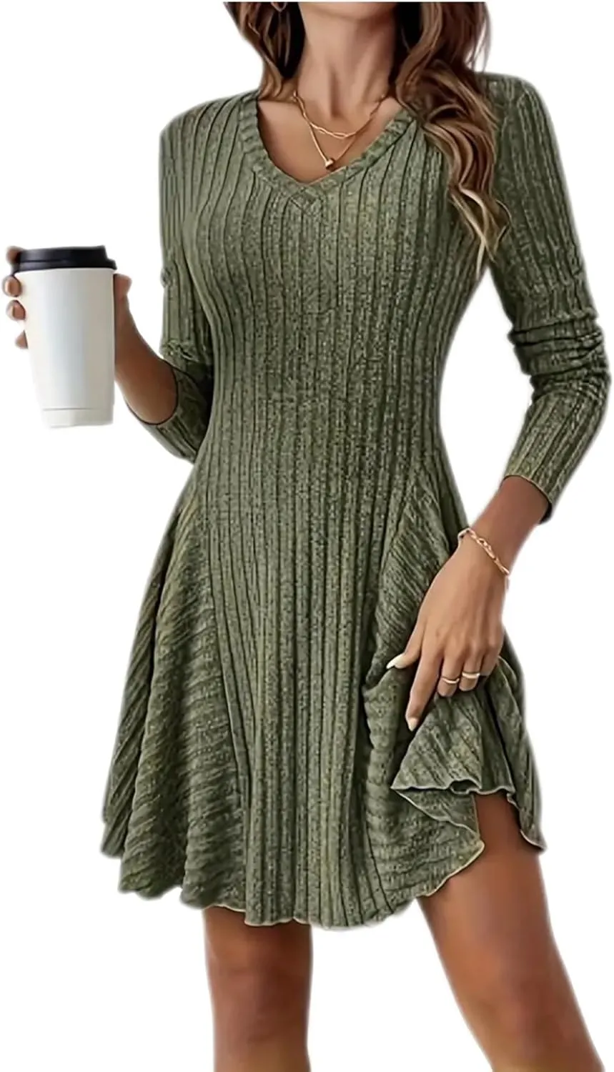 Women's Sweater A-line Dress V-Neck Knitted Ribbed Short Dress Long Sleeve Textured Dress Fall Winter Casual Work Dress