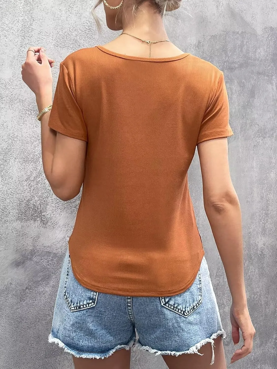 Womens T Shirt Short Sleeve Tshirt Ribbed Basic Tops Tee