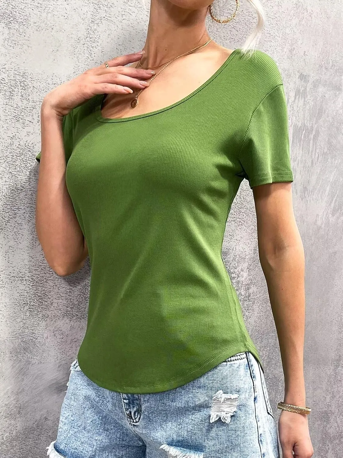 Womens T Shirt Short Sleeve Tshirt Ribbed Basic Tops Tee