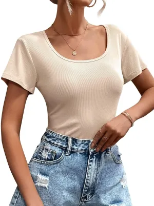 Womens T Shirt Short Sleeve Tshirt Ribbed Basic Tops Tee