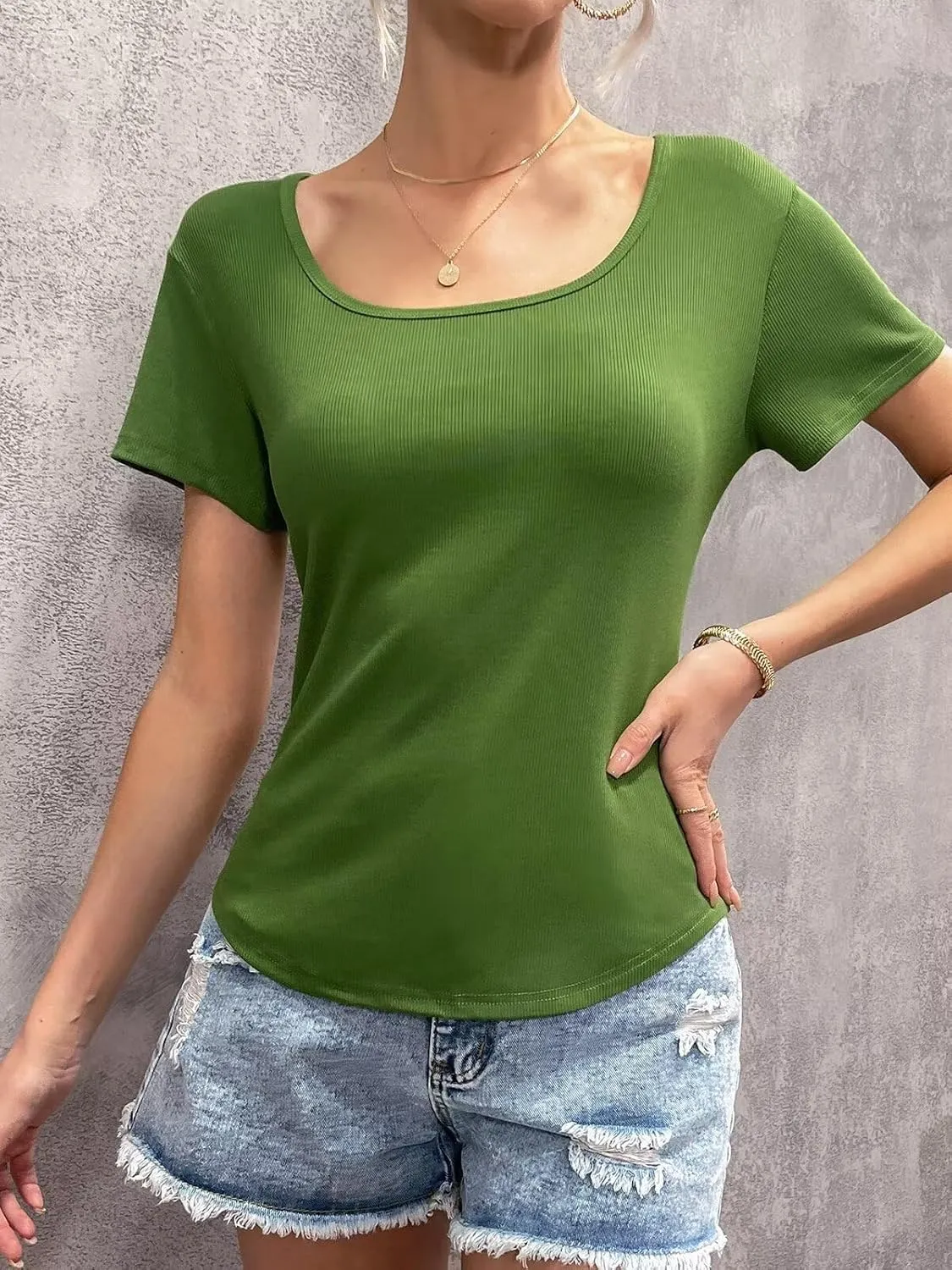 Womens T Shirt Short Sleeve Tshirt Ribbed Basic Tops Tee