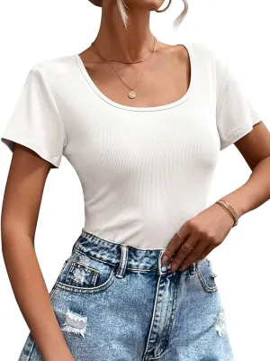Womens T Shirt Short Sleeve Tshirt Ribbed Basic Tops Tee