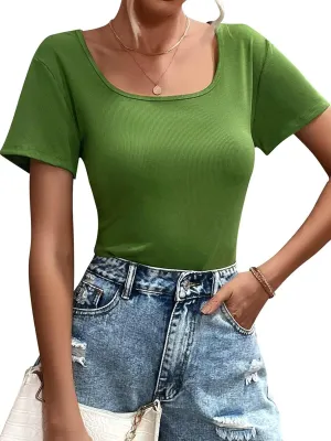 Womens T Shirt Short Sleeve Tshirt Ribbed Basic Tops Tee