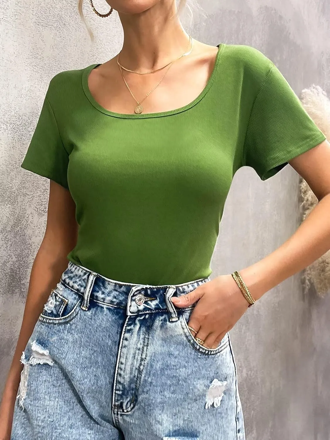 Womens T Shirt Short Sleeve Tshirt Ribbed Basic Tops Tee