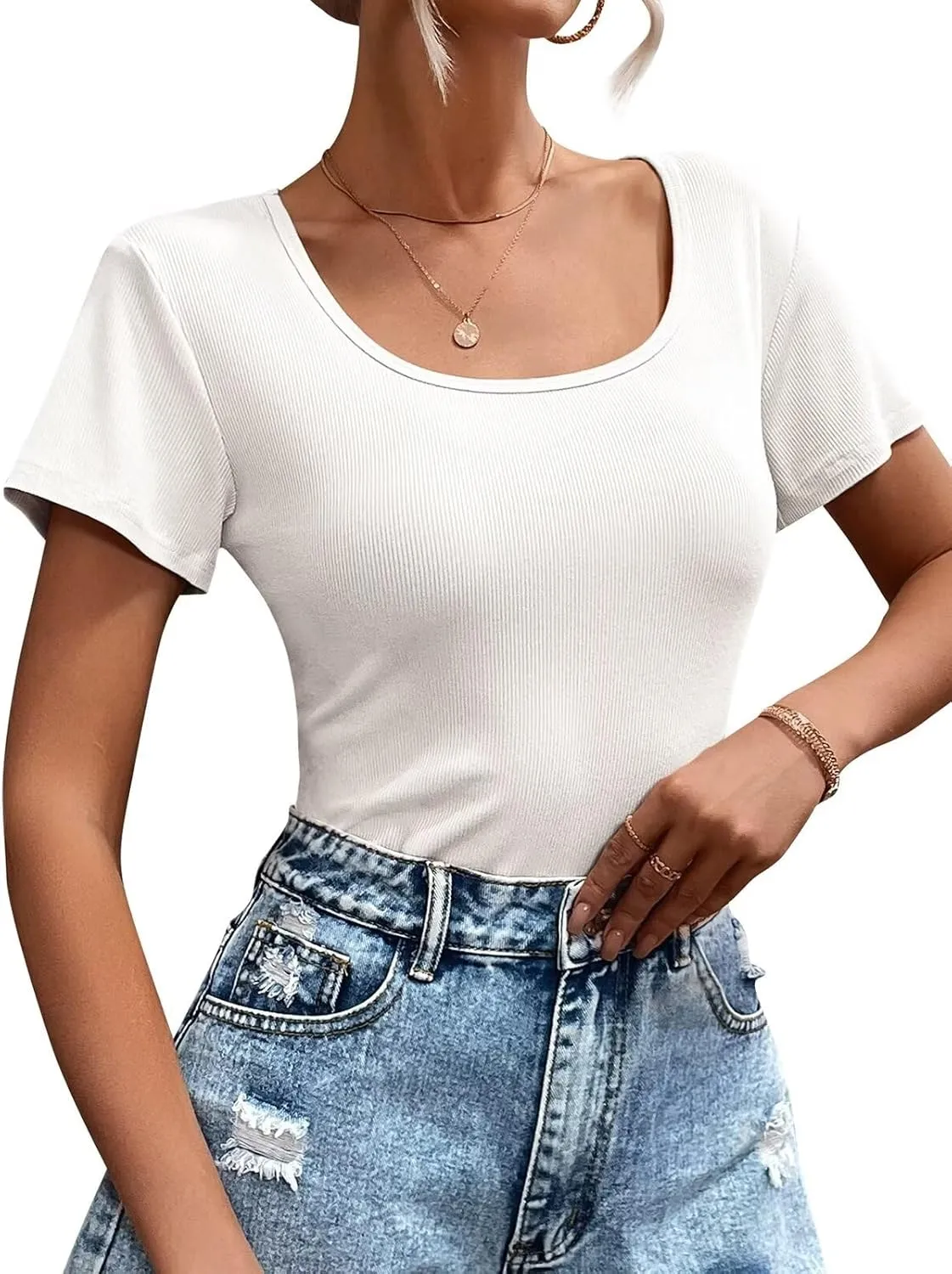 Womens T Shirt Short Sleeve Tshirt Ribbed Basic Tops Tee