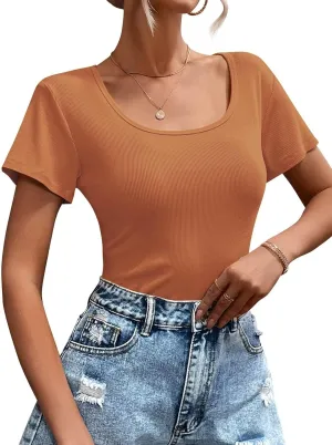 Womens T Shirt Short Sleeve Tshirt Ribbed Basic Tops Tee
