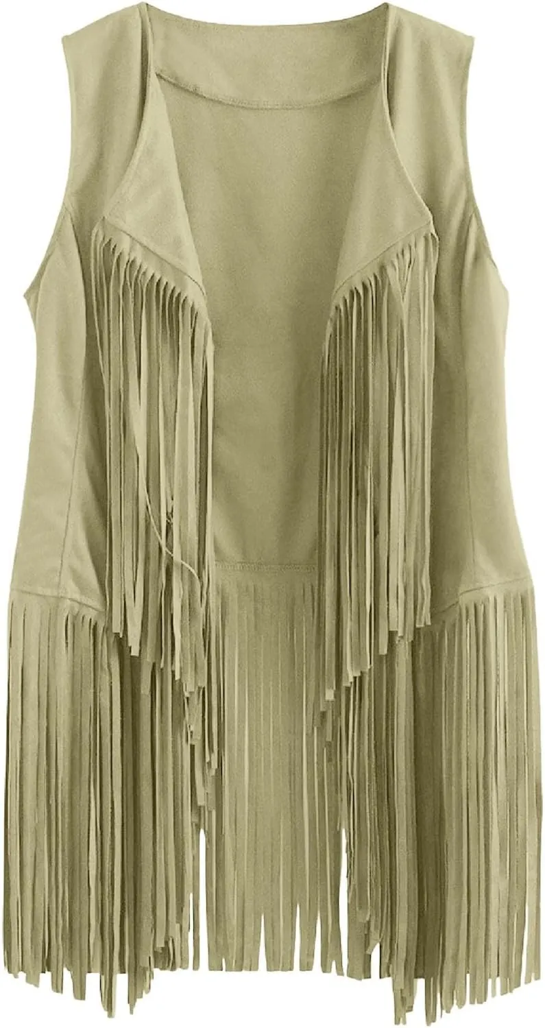Womens Tassel Vintage Western Fringe Cardigan Tops Classic Suede Leather 70s Cowboy Shirt Sleeveless Vest Jackets