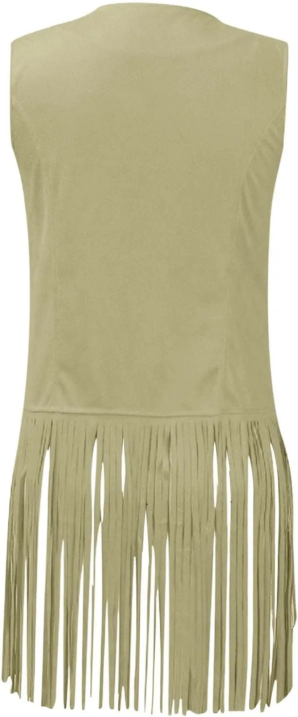 Womens Tassel Vintage Western Fringe Cardigan Tops Classic Suede Leather 70s Cowboy Shirt Sleeveless Vest Jackets