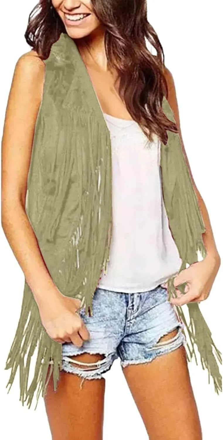 Womens Tassel Vintage Western Fringe Cardigan Tops Classic Suede Leather 70s Cowboy Shirt Sleeveless Vest Jackets
