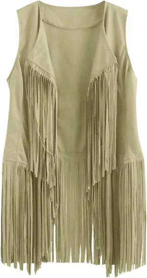 Womens Tassel Vintage Western Fringe Cardigan Tops Classic Suede Leather 70s Cowboy Shirt Sleeveless Vest Jackets