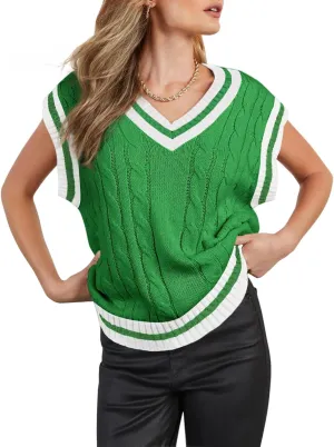Womens V Neck Oversized Sweaters Vest Sleeveless Cable Knit Pullover Striped Chunky Sweater Casual Tennis Colorblock Top