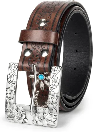 Womens-Western-Belt Rhinestone-Cowboy-Cowgirl Belt - Embossed PU-Leather Belt with Diamond Flower-Buckle(for 28-38'')
