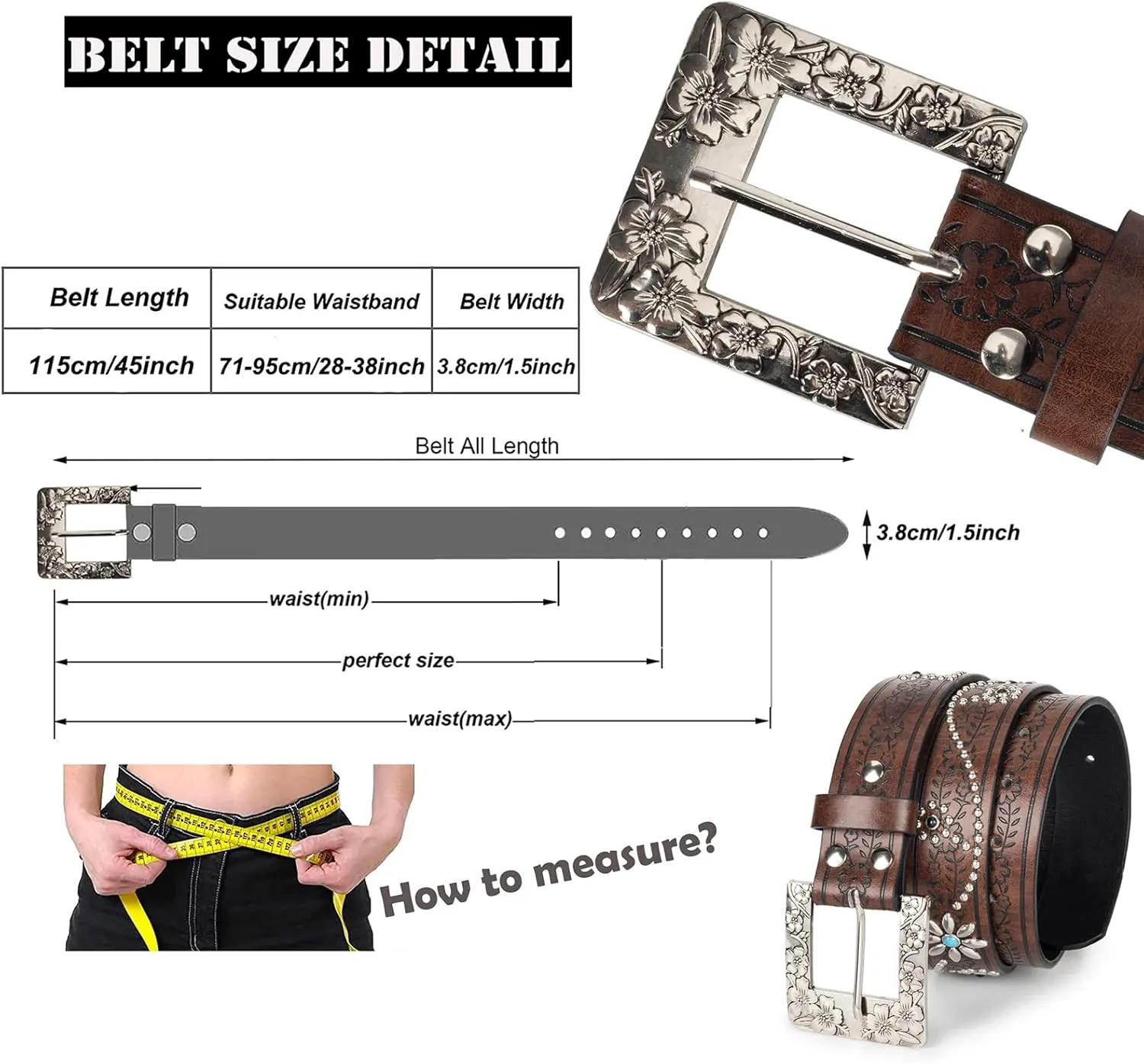 Womens-Western-Belt Rhinestone-Cowboy-Cowgirl Belt - Embossed PU-Leather Belt with Diamond Flower-Buckle(for 28-38'')