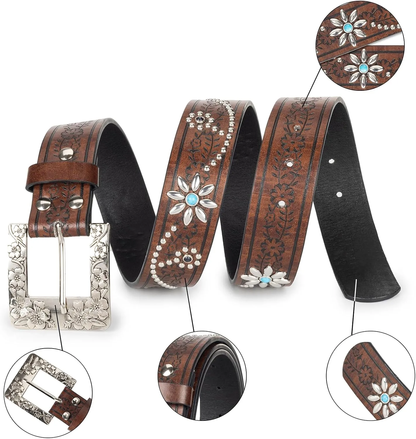 Womens-Western-Belt Rhinestone-Cowboy-Cowgirl Belt - Embossed PU-Leather Belt with Diamond Flower-Buckle(for 28-38'')