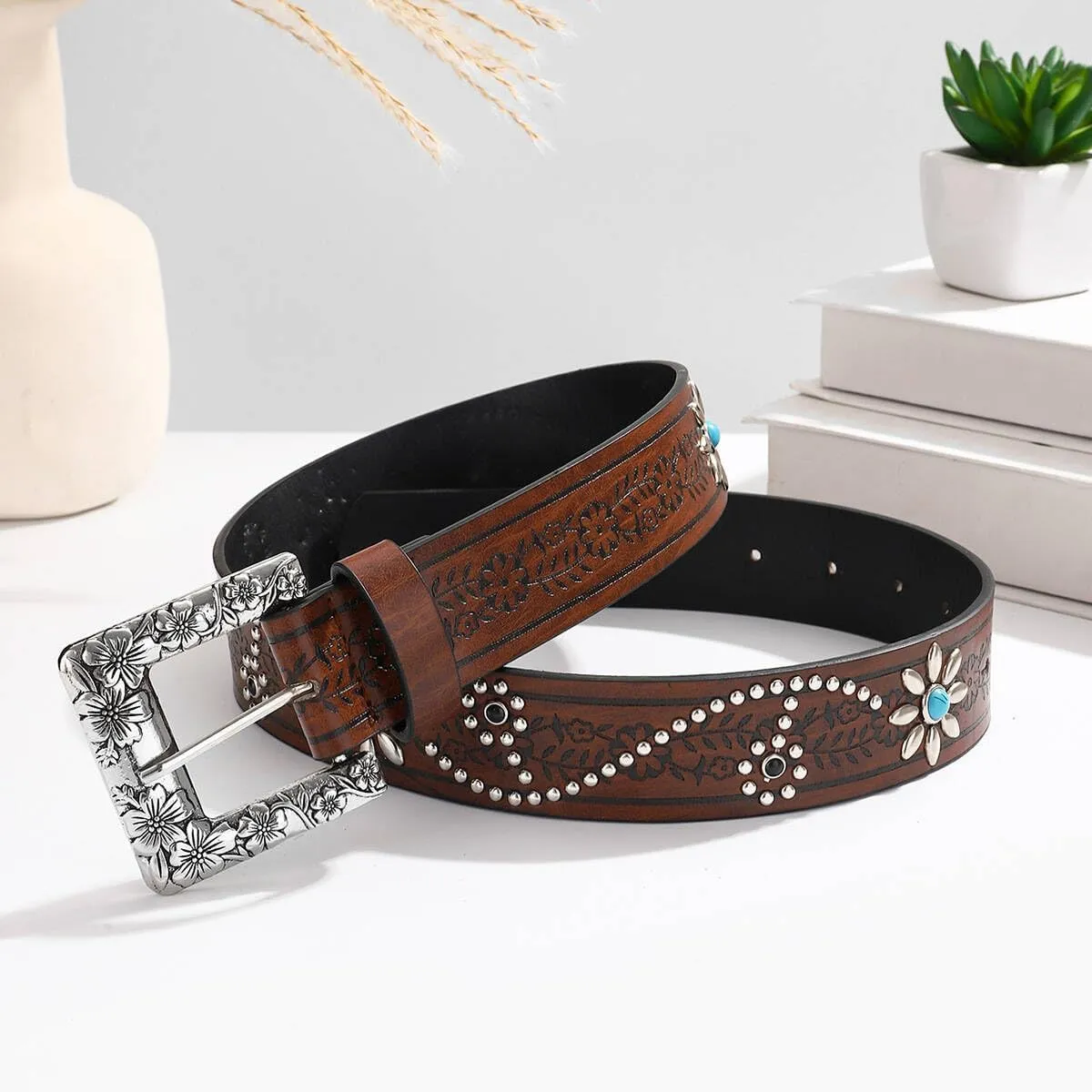 Womens-Western-Belt Rhinestone-Cowboy-Cowgirl Belt - Embossed PU-Leather Belt with Diamond Flower-Buckle(for 28-38'')