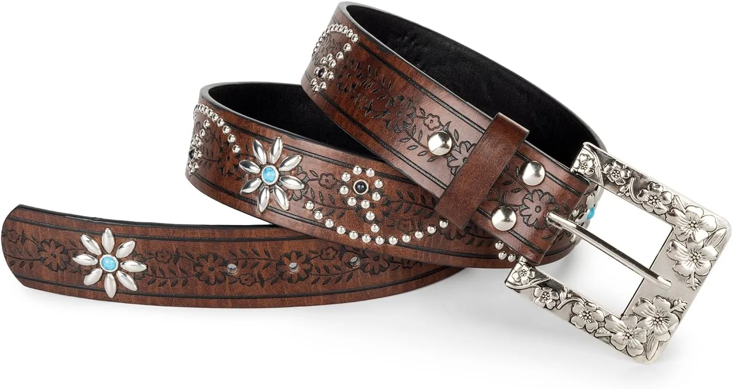 Womens-Western-Belt Rhinestone-Cowboy-Cowgirl Belt - Embossed PU-Leather Belt with Diamond Flower-Buckle(for 28-38'')