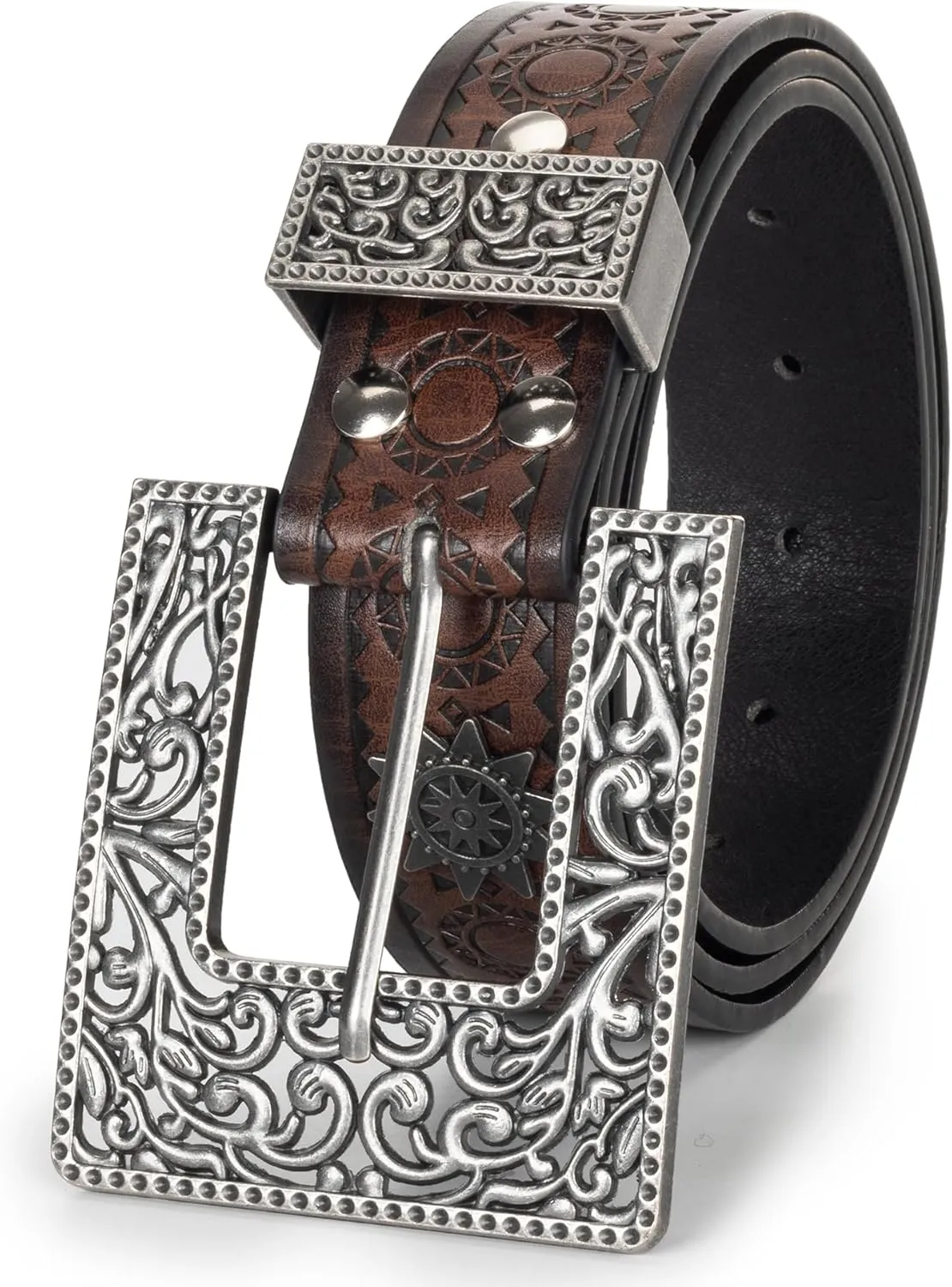 Womens-Western-Belt Rhinestone-Cowboy-Cowgirl Belt - Embossed PU-Leather Belt with Diamond Flower-Buckle(for 28-38'')