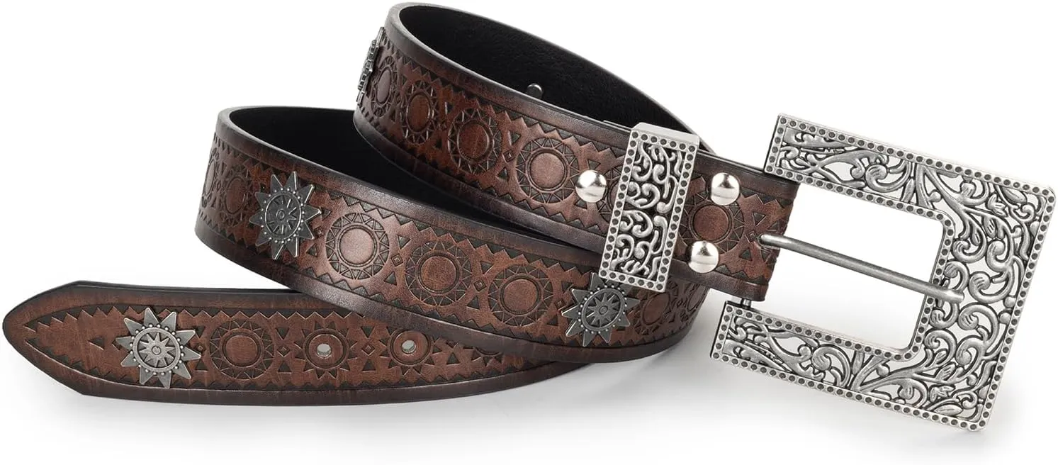 Womens-Western-Belt Rhinestone-Cowboy-Cowgirl Belt - Embossed PU-Leather Belt with Diamond Flower-Buckle(for 28-38'')