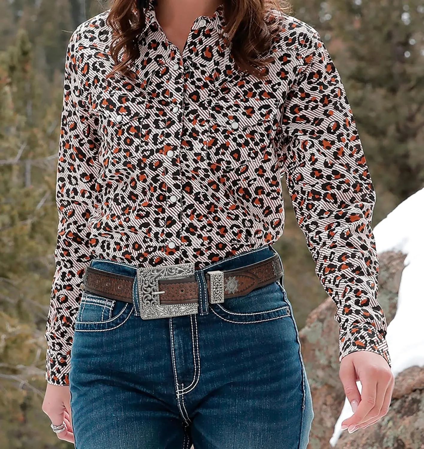 Womens-Western-Belt Rhinestone-Cowboy-Cowgirl Belt - Embossed PU-Leather Belt with Diamond Flower-Buckle(for 28-38'')