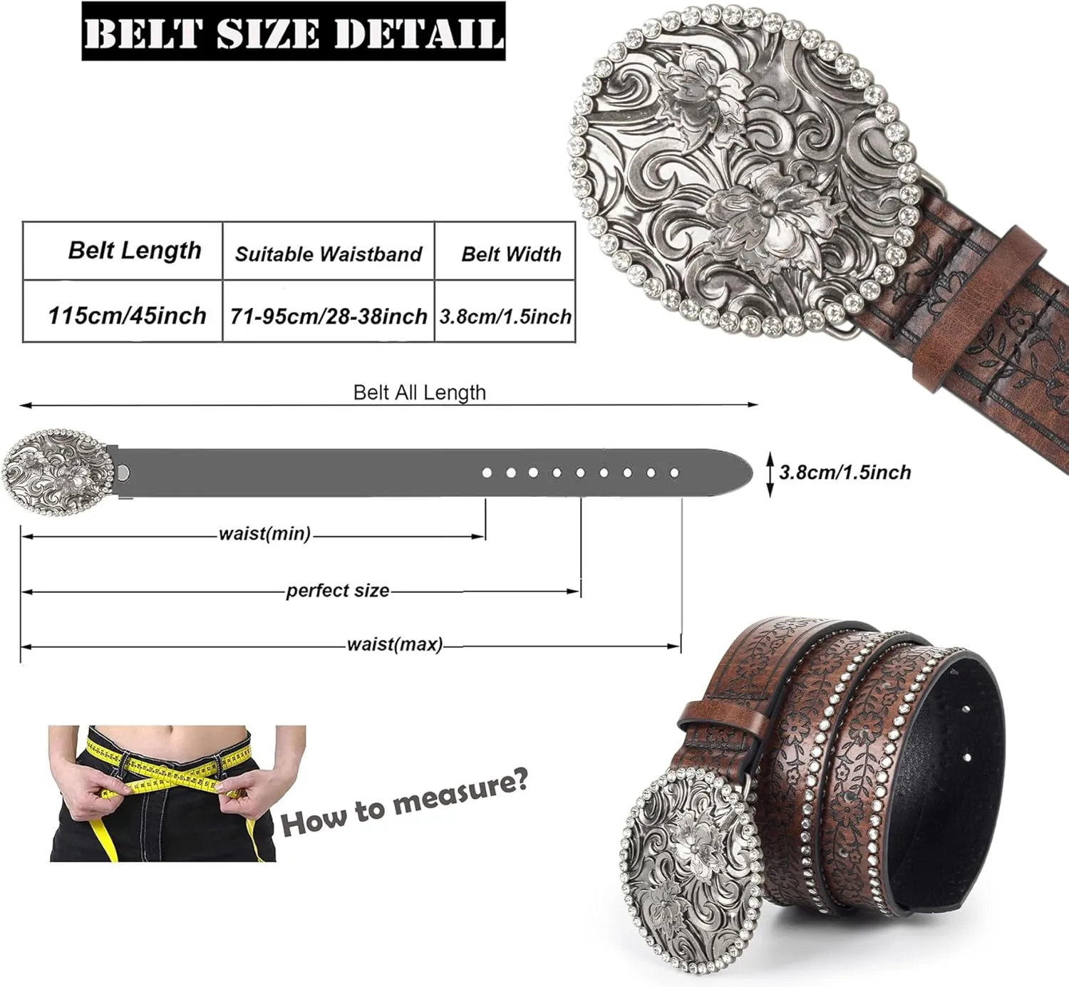 Womens-Western-Belt Rhinestone-Cowboy-Cowgirl Belt - Embossed PU-Leather Belt with Diamond Flower-Buckle(for 28-38'')