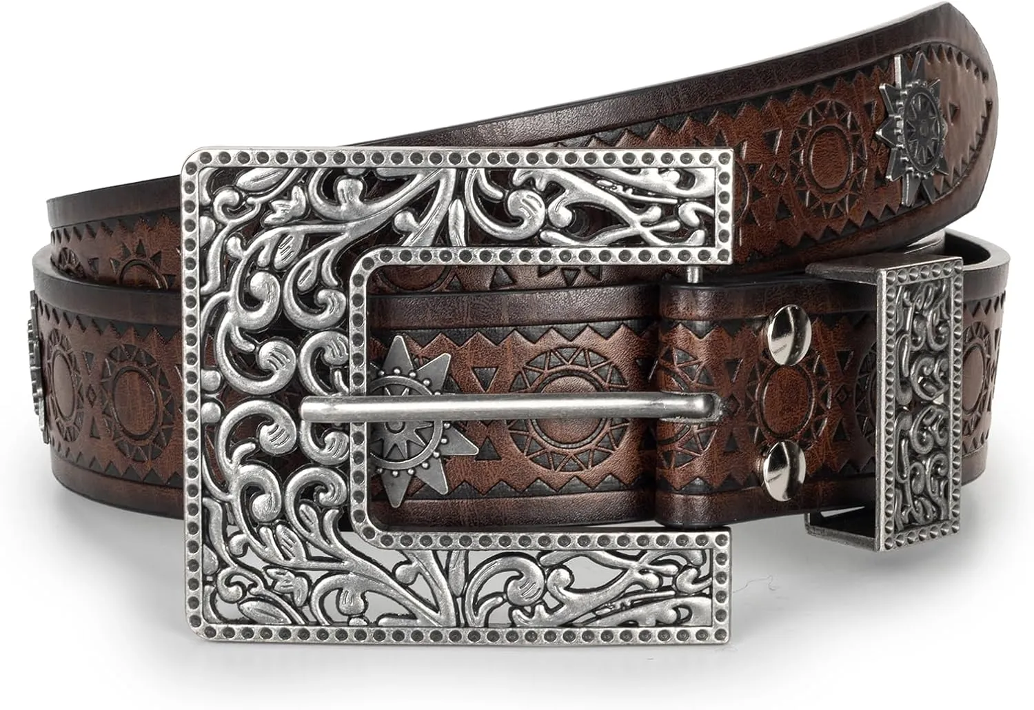 Womens-Western-Belt Rhinestone-Cowboy-Cowgirl Belt - Embossed PU-Leather Belt with Diamond Flower-Buckle(for 28-38'')