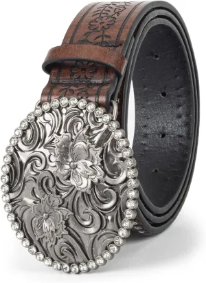 Womens-Western-Belt Rhinestone-Cowboy-Cowgirl Belt - Embossed PU-Leather Belt with Diamond Flower-Buckle(for 28-38'')