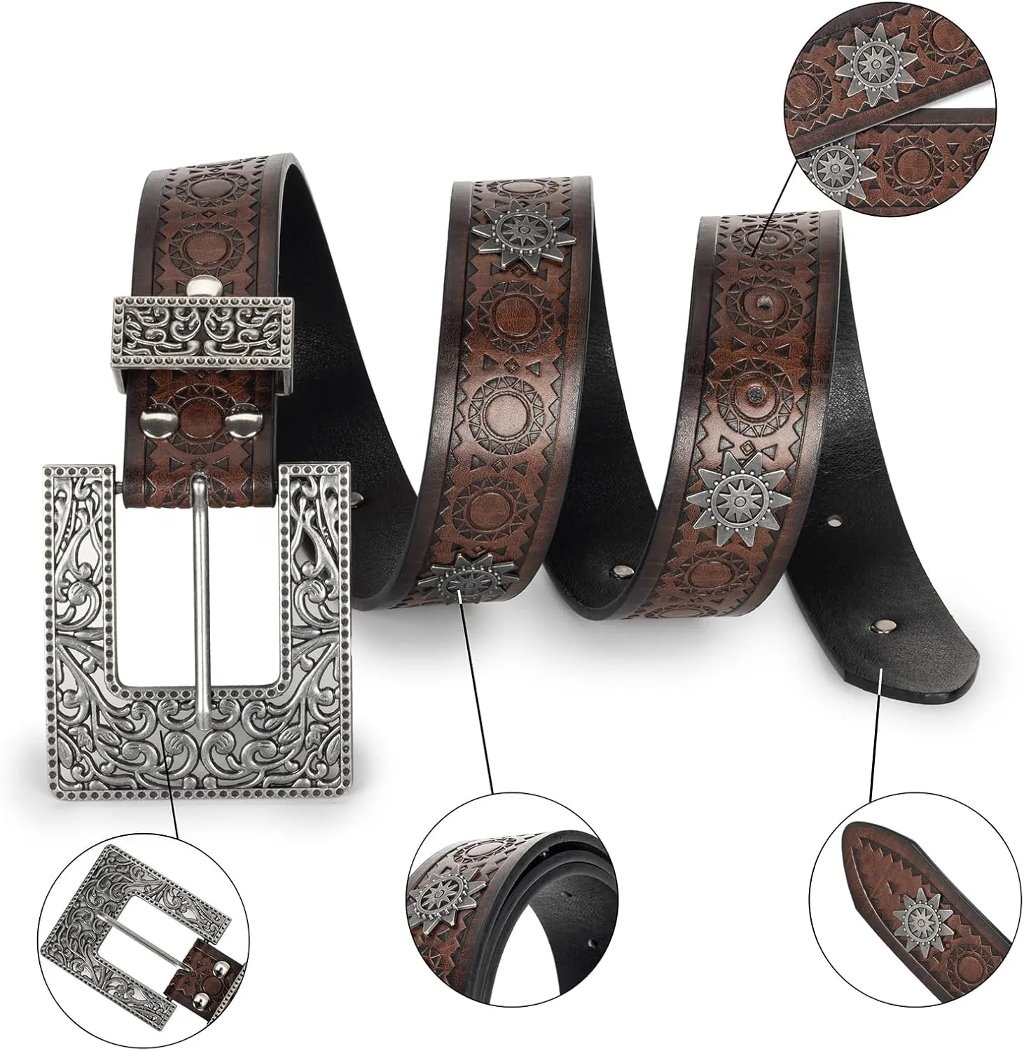 Womens-Western-Belt Rhinestone-Cowboy-Cowgirl Belt - Embossed PU-Leather Belt with Diamond Flower-Buckle(for 28-38'')