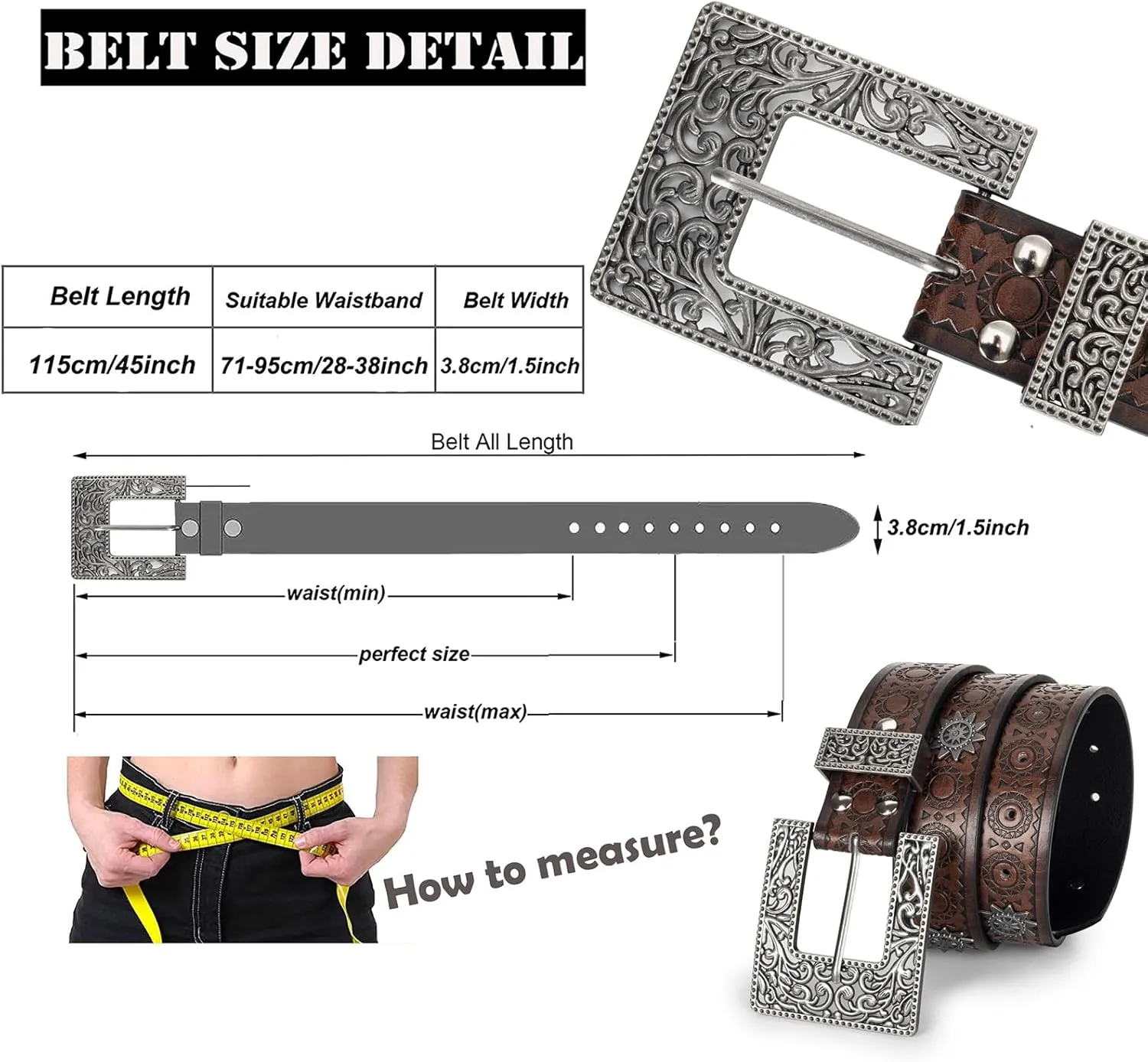 Womens-Western-Belt Rhinestone-Cowboy-Cowgirl Belt - Embossed PU-Leather Belt with Diamond Flower-Buckle(for 28-38'')