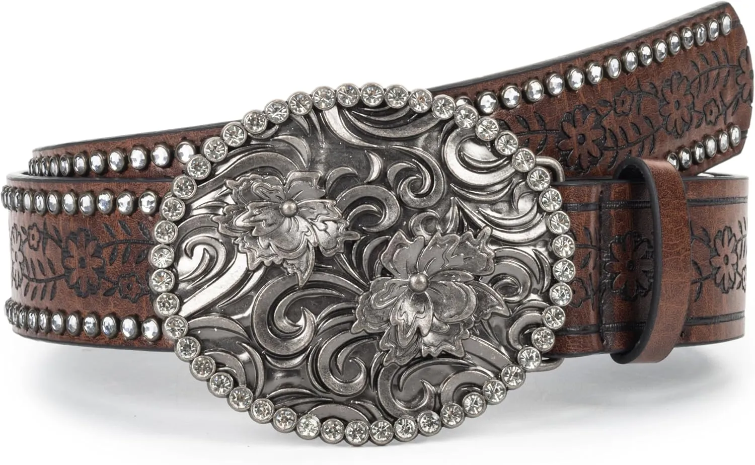 Womens-Western-Belt Rhinestone-Cowboy-Cowgirl Belt - Embossed PU-Leather Belt with Diamond Flower-Buckle(for 28-38'')