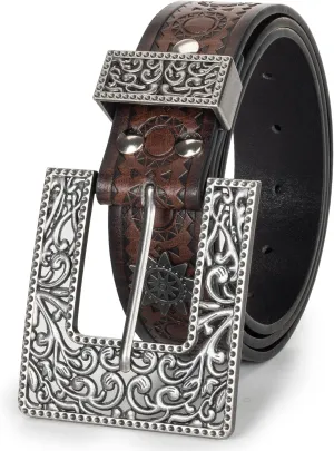Womens-Western-Belt Rhinestone-Cowboy-Cowgirl Belt - Embossed PU-Leather Belt with Diamond Flower-Buckle(for 28-38'')