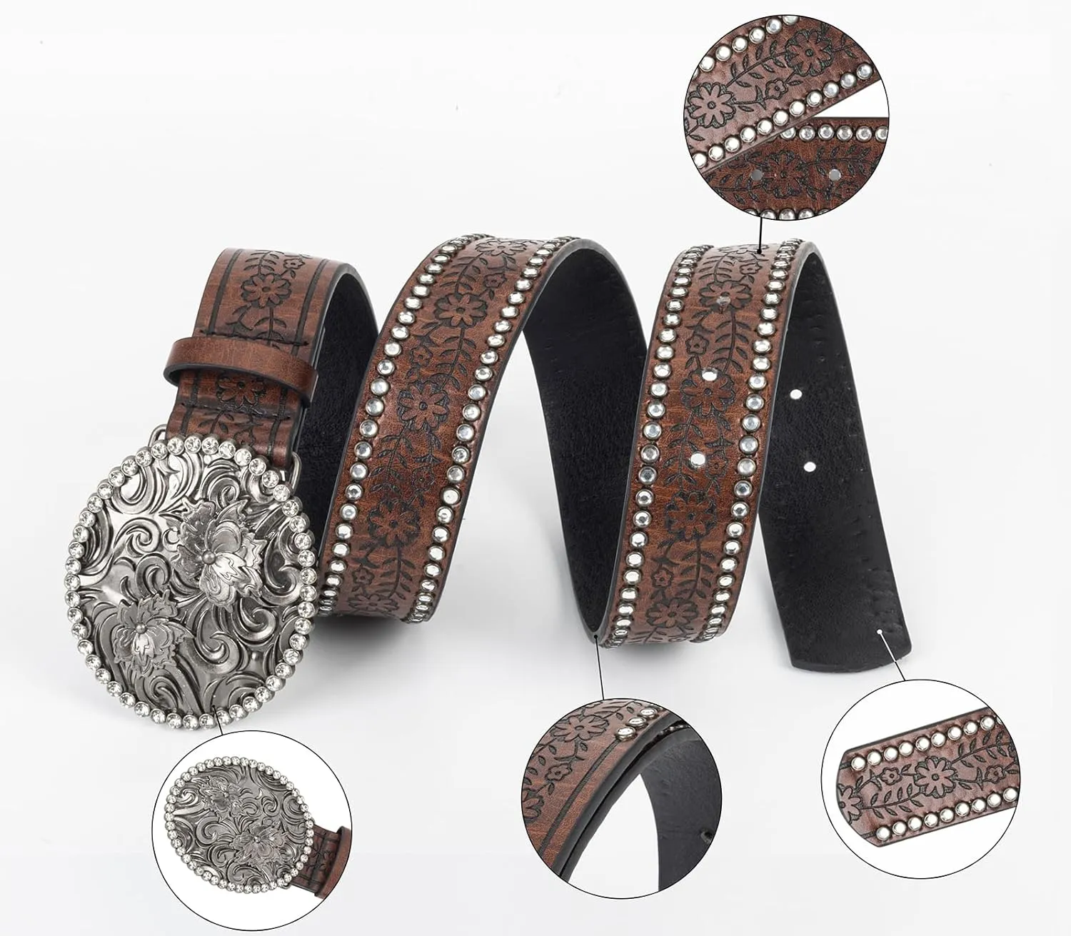 Womens-Western-Belt Rhinestone-Cowboy-Cowgirl Belt - Embossed PU-Leather Belt with Diamond Flower-Buckle(for 28-38'')