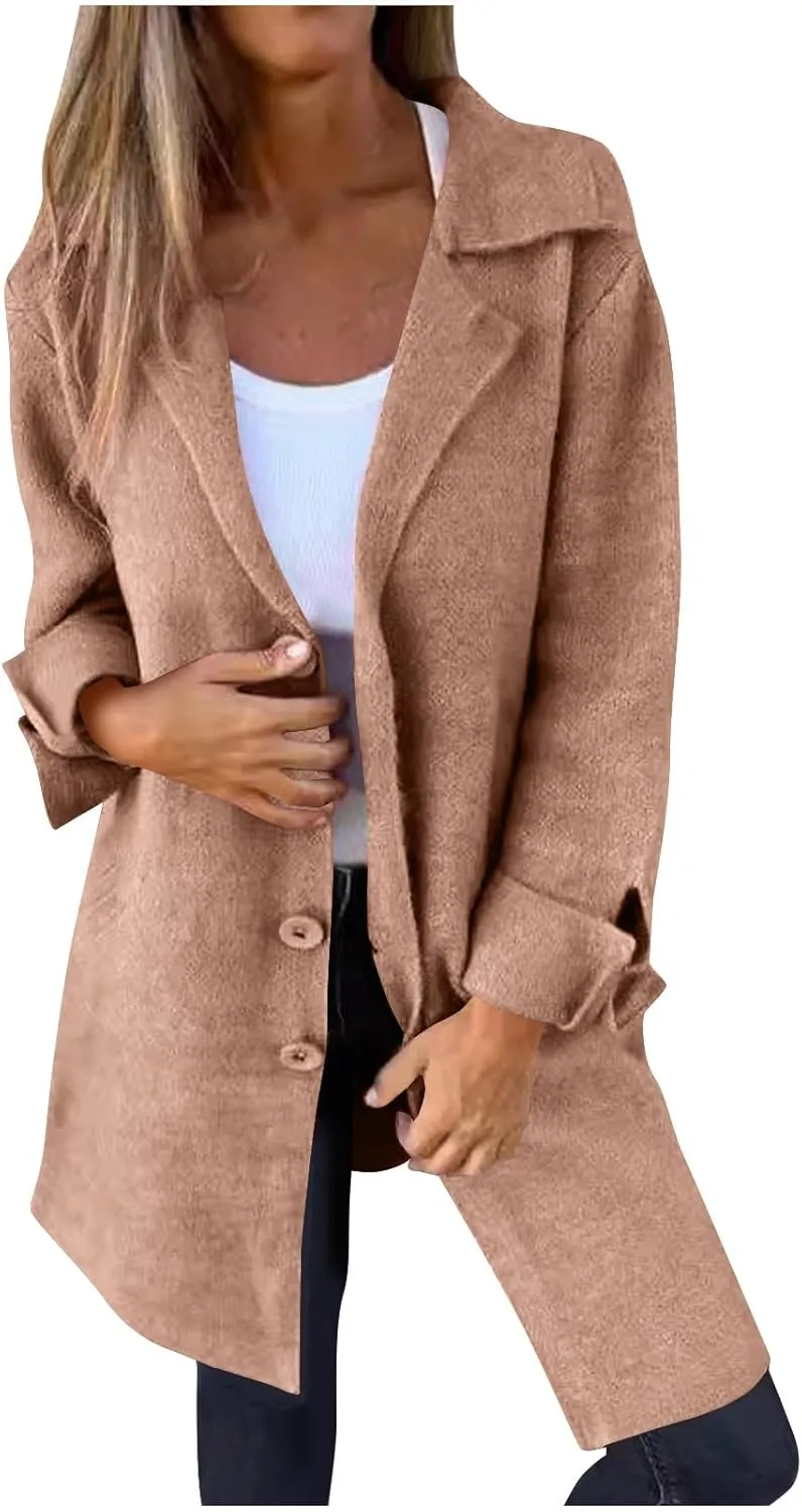Womens Wool Coats Double Breasted Outwear Cardigan Lapel Jackets Winter Midi Pea Coat Trench Coat With Pockets