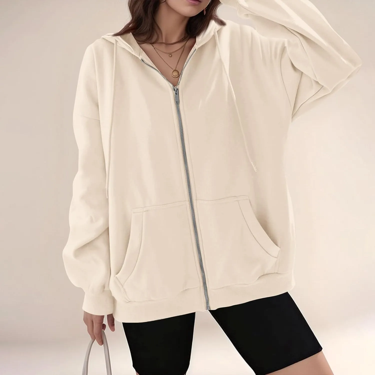 Womens Zip Up Jacket Oversized Full Zip Up Pullover with Hooded Casual Ribbed Cuffs Sweatshirts with Pockets
