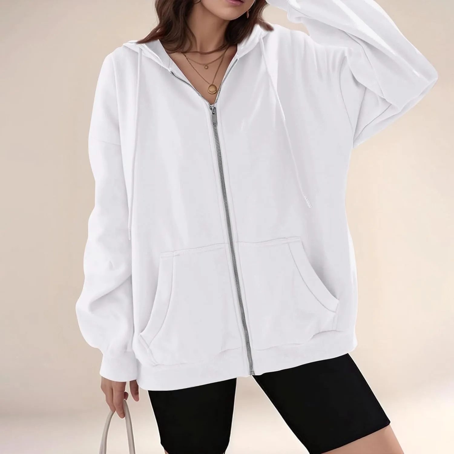 Womens Zip Up Jacket Oversized Full Zip Up Pullover with Hooded Casual Ribbed Cuffs Sweatshirts with Pockets
