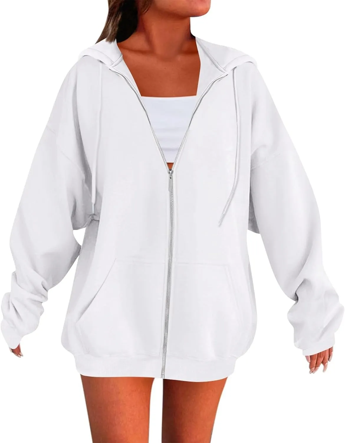 Womens Zip Up Jacket Oversized Full Zip Up Pullover with Hooded Casual Ribbed Cuffs Sweatshirts with Pockets