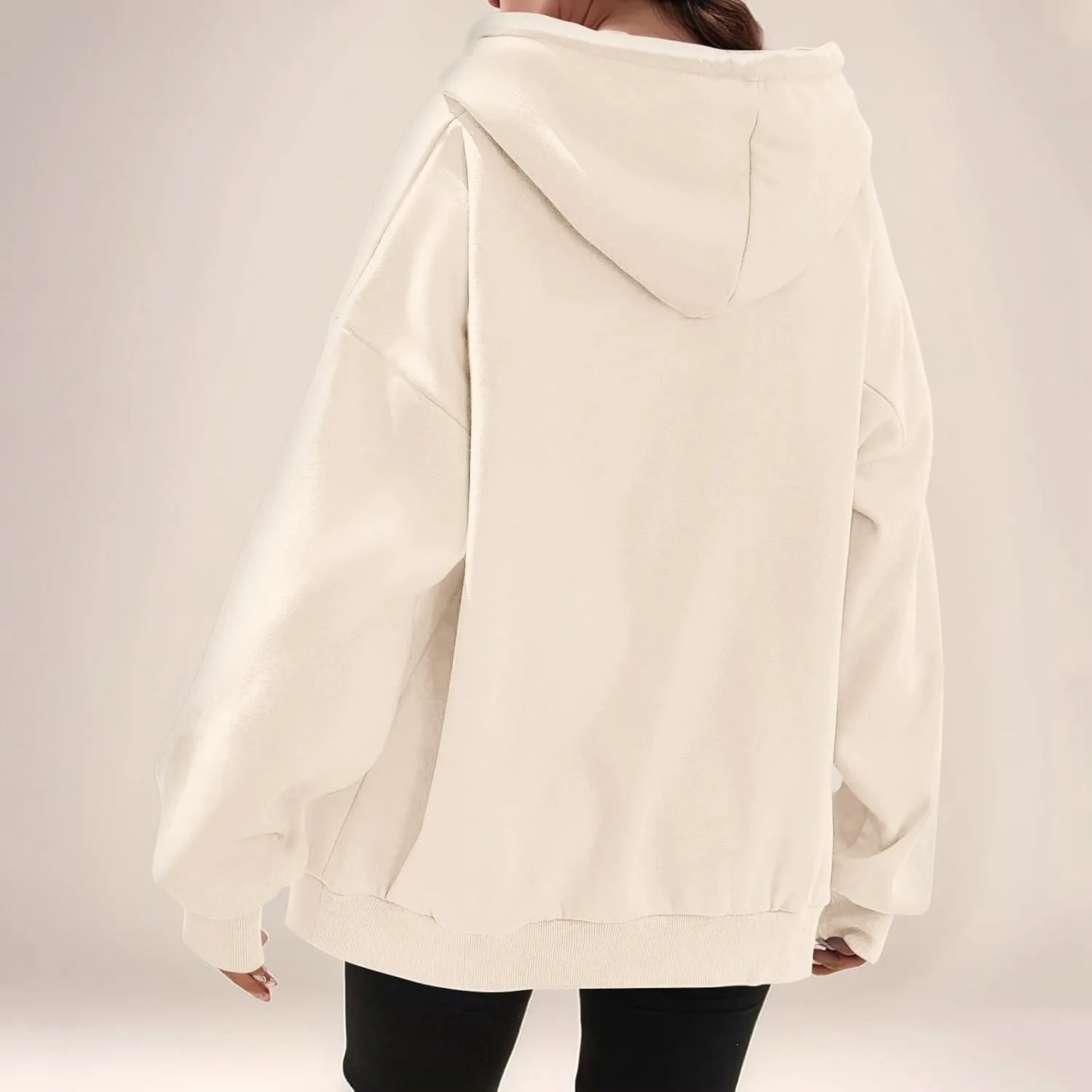 Womens Zip Up Jacket Oversized Full Zip Up Pullover with Hooded Casual Ribbed Cuffs Sweatshirts with Pockets