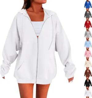 Womens Zip Up Jacket Oversized Full Zip Up Pullover with Hooded Casual Ribbed Cuffs Sweatshirts with Pockets