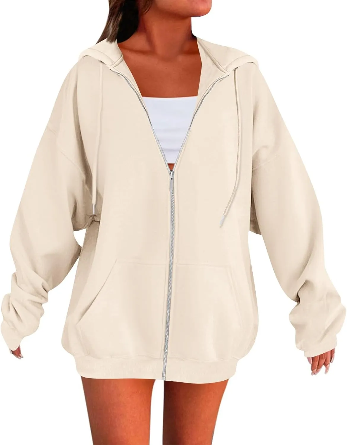 Womens Zip Up Jacket Oversized Full Zip Up Pullover with Hooded Casual Ribbed Cuffs Sweatshirts with Pockets