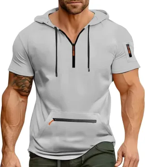 Workout Hoodies for Men Zip Up Short Sleeve Slim Fit Pocket Casual Tshirts Pullover Summer Gym Training Muscle Tees