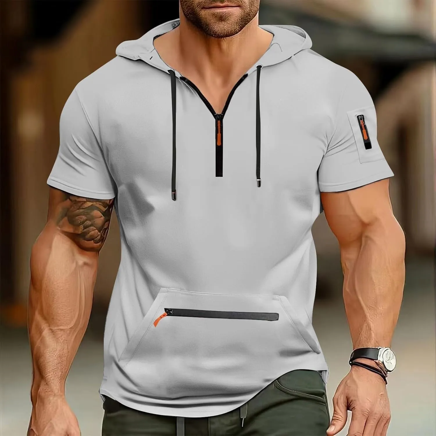 Workout Hoodies for Men Zip Up Short Sleeve Slim Fit Pocket Casual Tshirts Pullover Summer Gym Training Muscle Tees