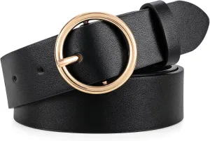 XZQTIVE Women Leather Belt with Circle Gold Buckle Fashion Ladies Waist Belt for Jeans Pants Dresses
