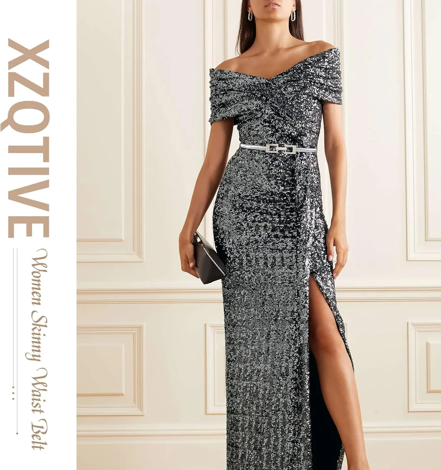 XZQTIVE Women Skinny Metal Chain Waist Belt Stretchy Saree Cinch Belt for Dress Gold Sliver