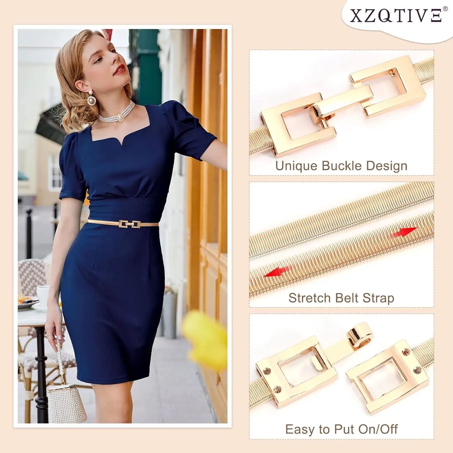 XZQTIVE Women Skinny Metal Chain Waist Belt Stretchy Saree Cinch Belt for Dress Gold Sliver