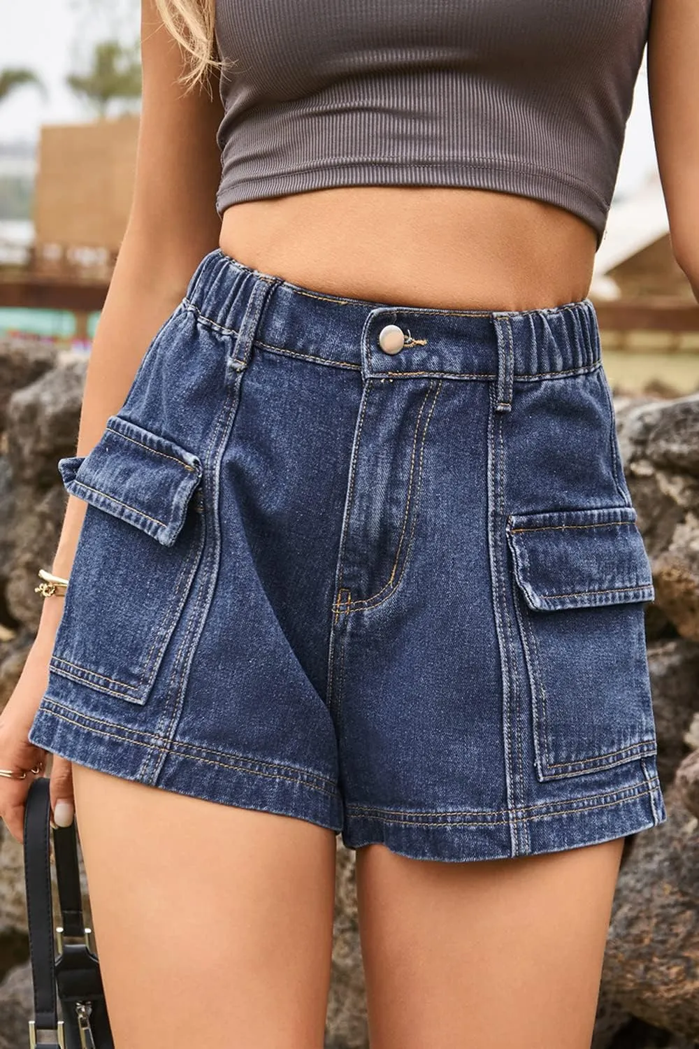 YOCUR Womens Cargo Denim Shorts - Summer Casual Vintage Loose Button Zipper Shorts