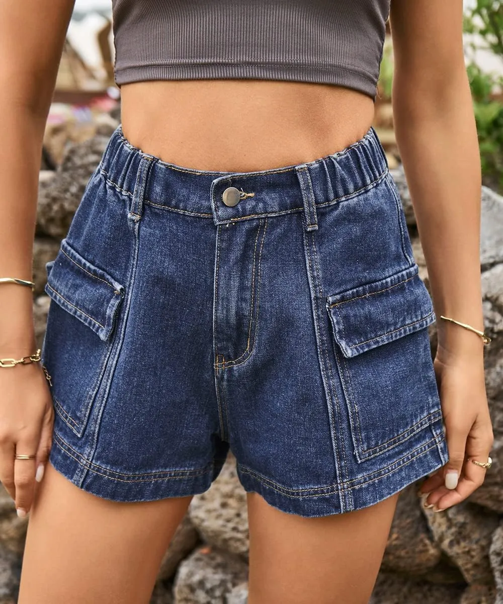 YOCUR Womens Cargo Denim Shorts - Summer Casual Vintage Loose Button Zipper Shorts