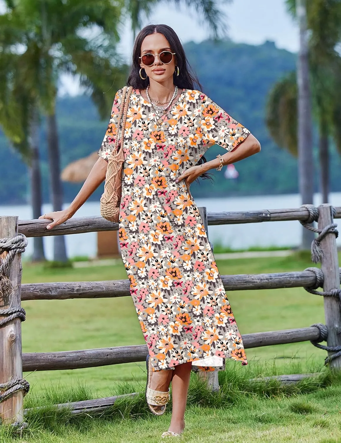 Zeagoo 2025 Vacation Dress Women Floral Summer Dress Casual Beach Dress Printed T Shirt Dress Split Long Dress Travel