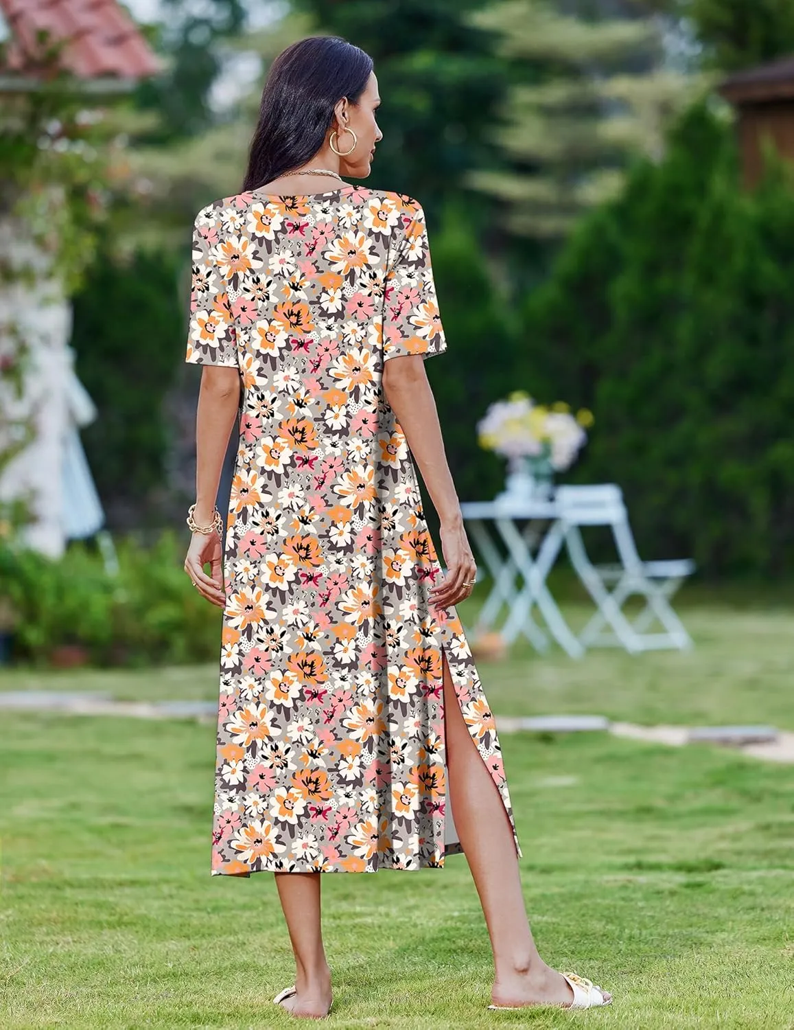 Zeagoo 2025 Vacation Dress Women Floral Summer Dress Casual Beach Dress Printed T Shirt Dress Split Long Dress Travel