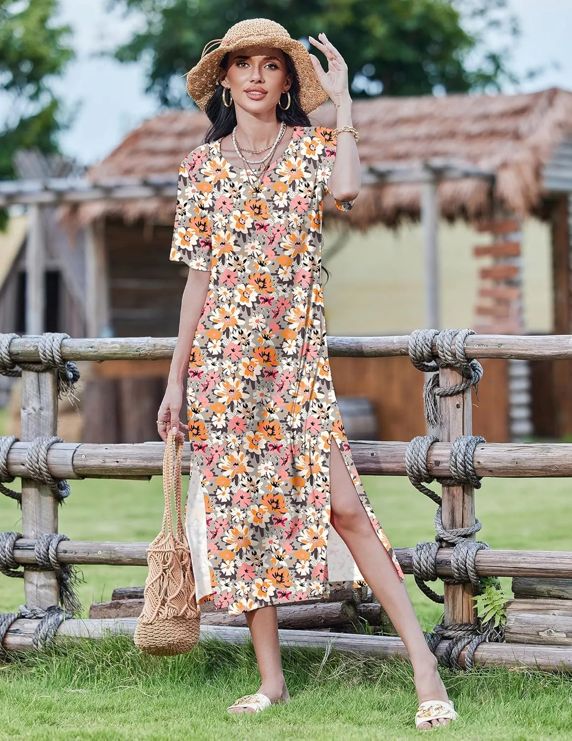 Zeagoo 2025 Vacation Dress Women Floral Summer Dress Casual Beach Dress Printed T Shirt Dress Split Long Dress Travel